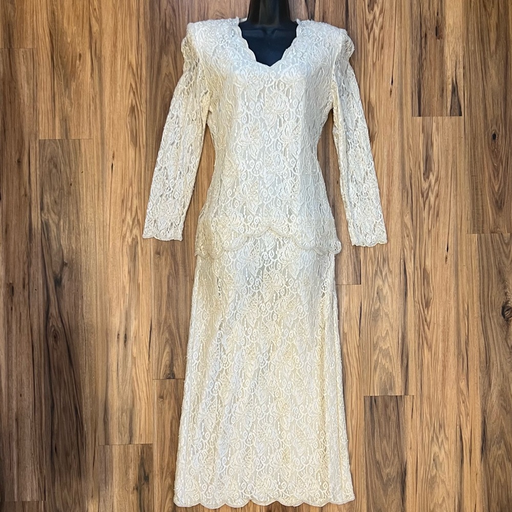 Laurence Kazar Cream Color - Beaded and Lace Vintage Midi Dress